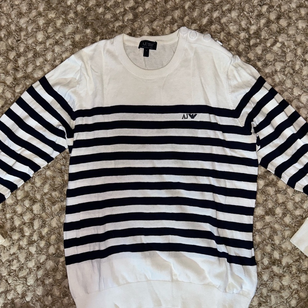 Armani Jeans Men's Navy and White Striped Crewneck Sweater size small